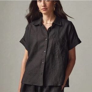 American Giant Linen Shirt Womens Sz L Black Button Up Short Sleeve MSRP $120